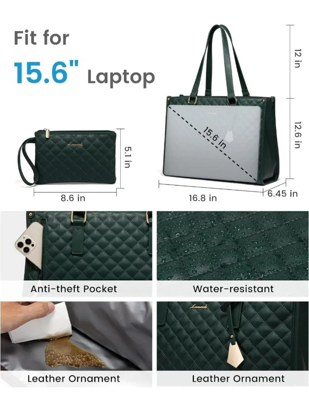 Stylish Insulated Lunch Tote & Laptop Bag for Women, Large Capacity, Green
